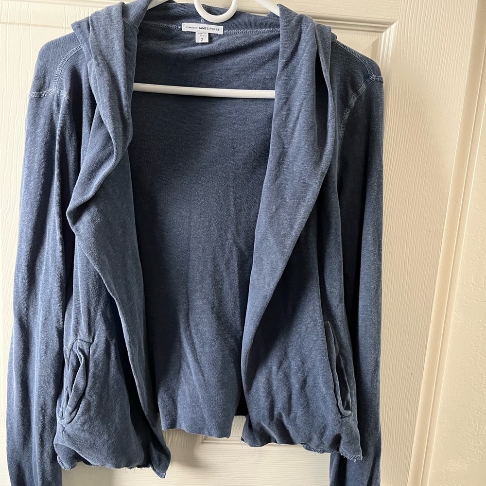 James Perse navy hooded open front sweatshirt.